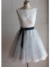 Boat Neckline Ivory Lace Gray Tulle Navy Blue Sash Bridesmaid Dress